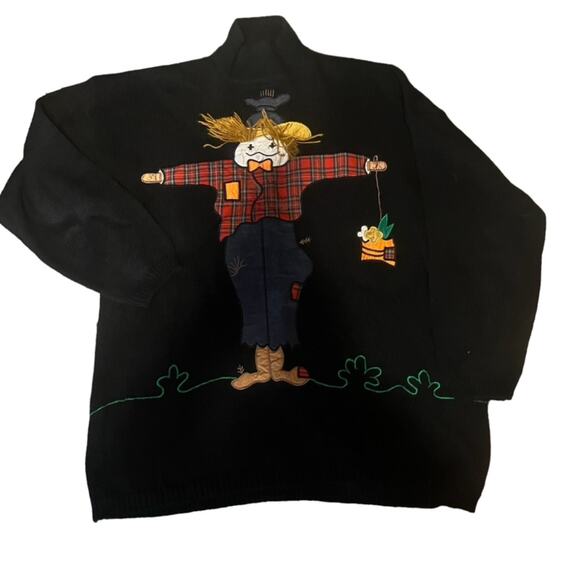 Vtg Black Chunky Knit Fall 3D Scarecrow Halloween Relaxed Turtleneck Sweater M - Picture 5 of 6